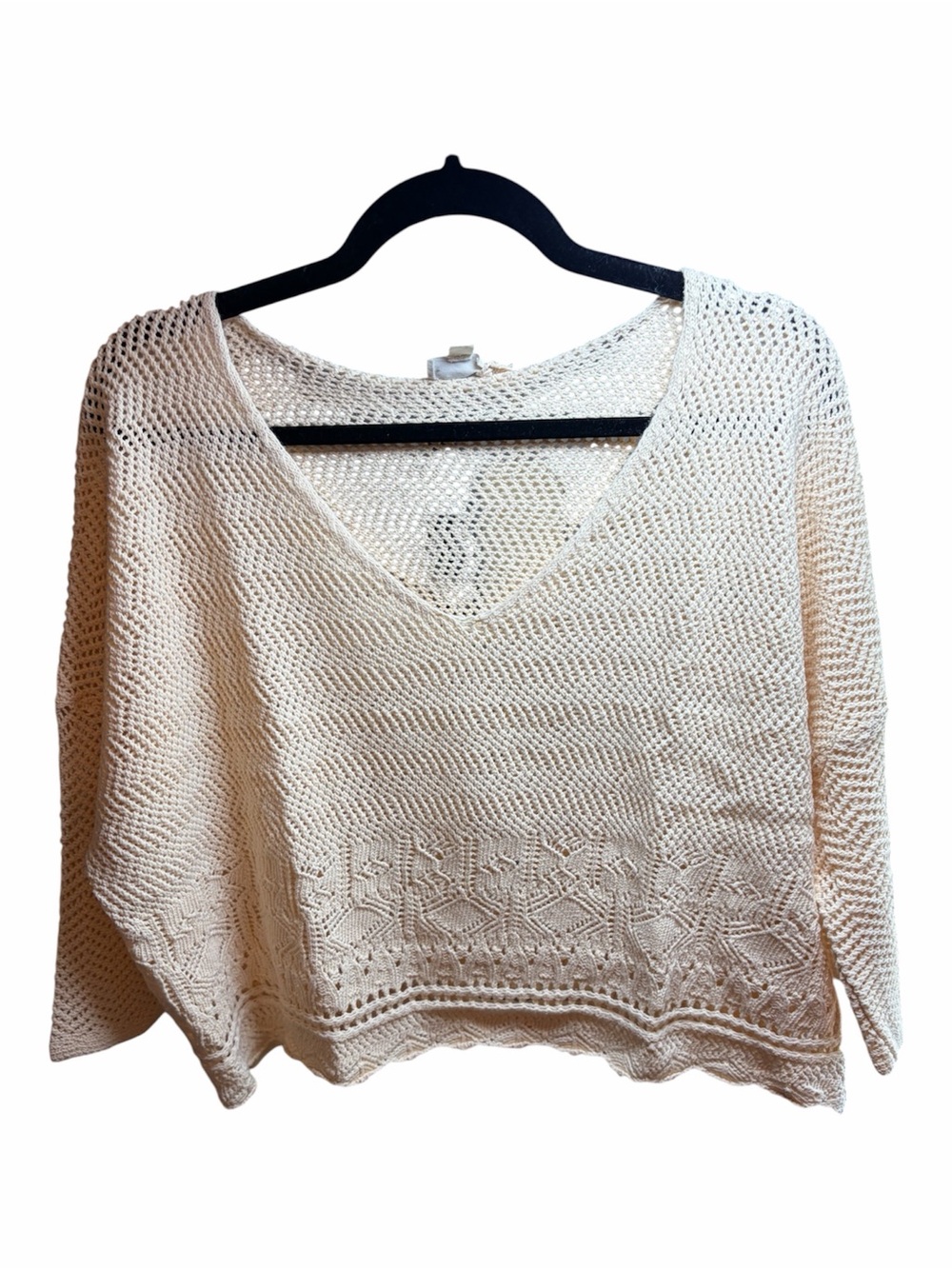 Hem & Thread Cream Cotton Knit Boho Cropped Sweater Lg New